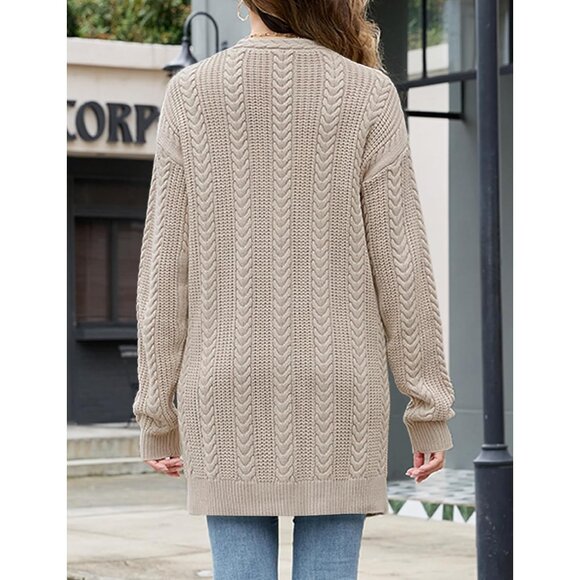 Women's Cable Knit Cardigan Sweater Longline Fall Jacket Pockets Cozy - Picture 2 of 5